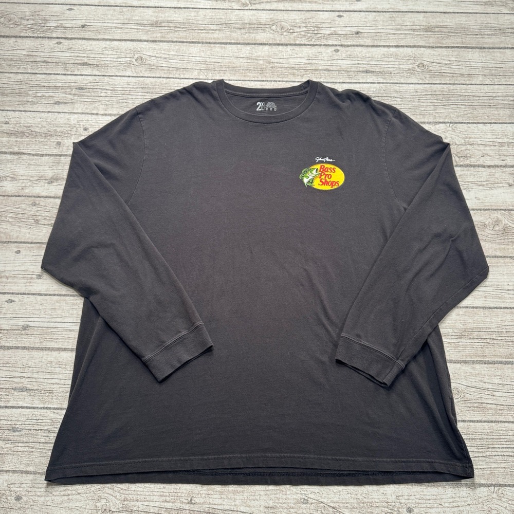Bass Pro Shops T-Shirt Men's 2XL Black Long Sleeve Cotton Johnny Morris Outdoor
